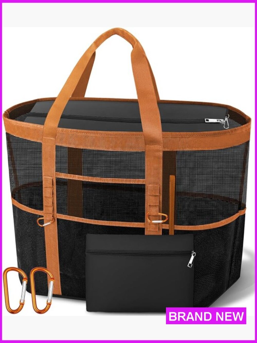 XX-Large Mesh Beach Bag with Top Zipper 11 Pockets Detachable Pouch Tote
